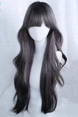 Black/Purple Ombre Curtain Bangs Long Loose Wavy Sweet Lolita Wig - Product - 2