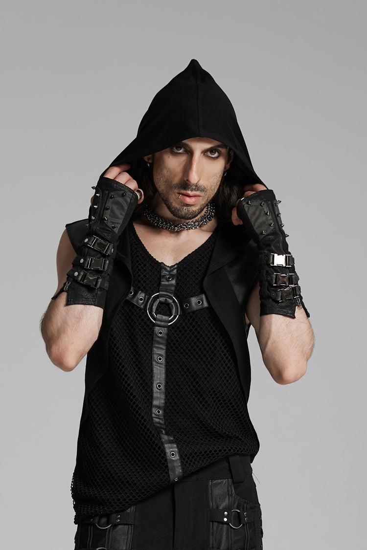 Black V Collar Sleeveless Hooded Mesh Eyelets Men's Punk Vest - Black - 1