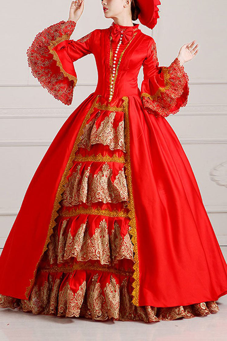 Trumpet Sleeves Single Breasted High Waisted Bowknot Ruffled Victorian Lolita Prom Dress - red - 4
