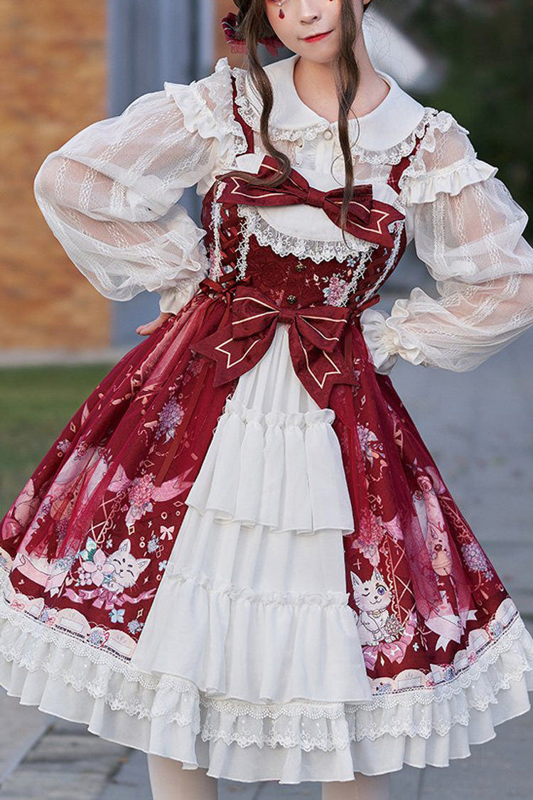 アライグマ紫陽花プリント切り替えリボンフリル花嫁風ティアードスウィートロリータジャンパースカート（JSK） 商品画像