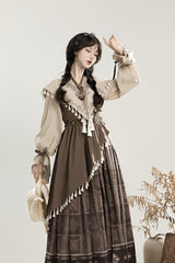 Brown [Mysterious Tribe] Long Lantern Sleeves Print Ruffle Asymmetric Sweet Chinese Style Lolita Dress - Product - 10