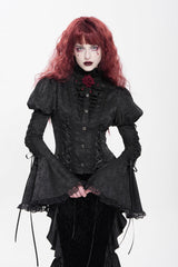 Black Stand Collar Long Puff Sleeves Floral Jacquard Lace-Up Women's Gothic Blouse - Black - 1
