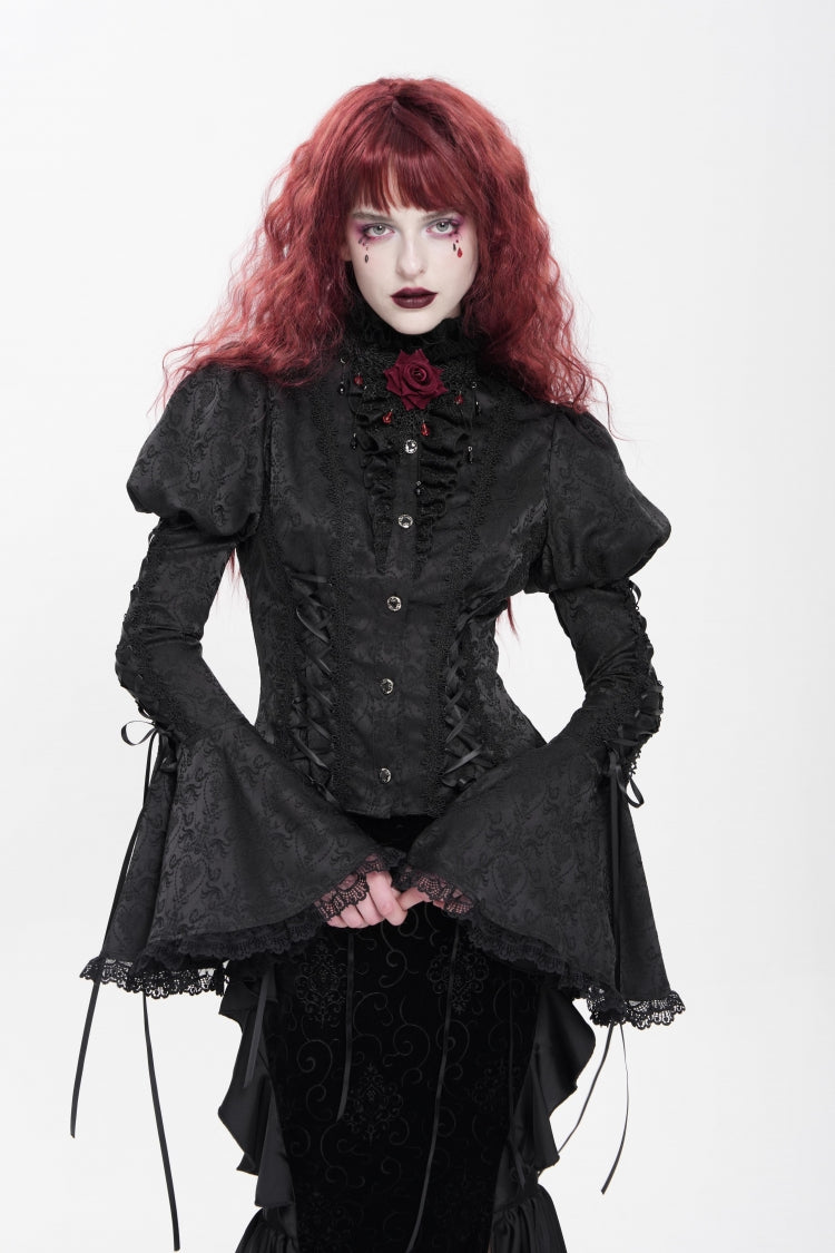 Black Stand Collar Long Puff Sleeves Floral Jacquard Lace-Up Women's Gothic Blouse - Black - 1