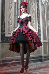 Black/Red Feast in Hades Short Sleeves Print Ruffle Cardigan Gothic Lolita Dress - Product - 9
