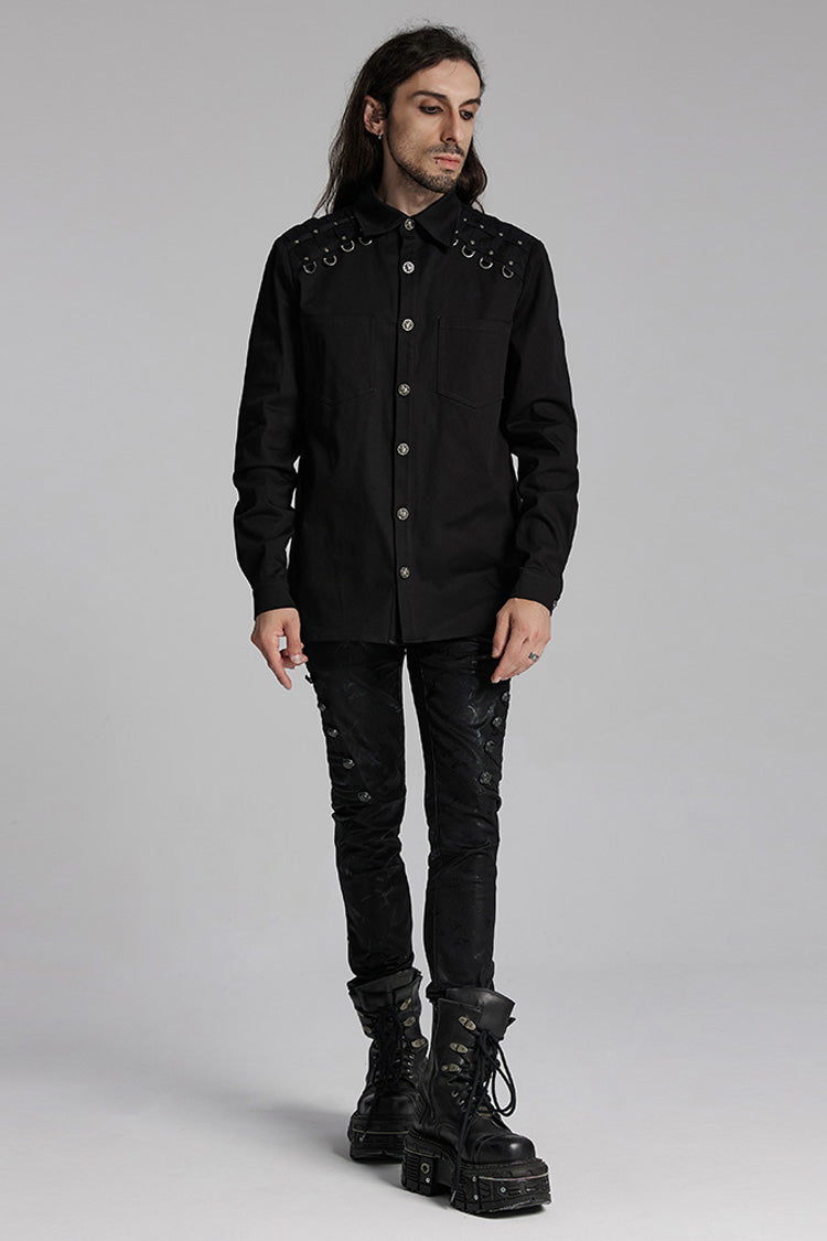 Black Lapel Collar Long Sleeves Rings Men's Punk Blouse - Product - 4