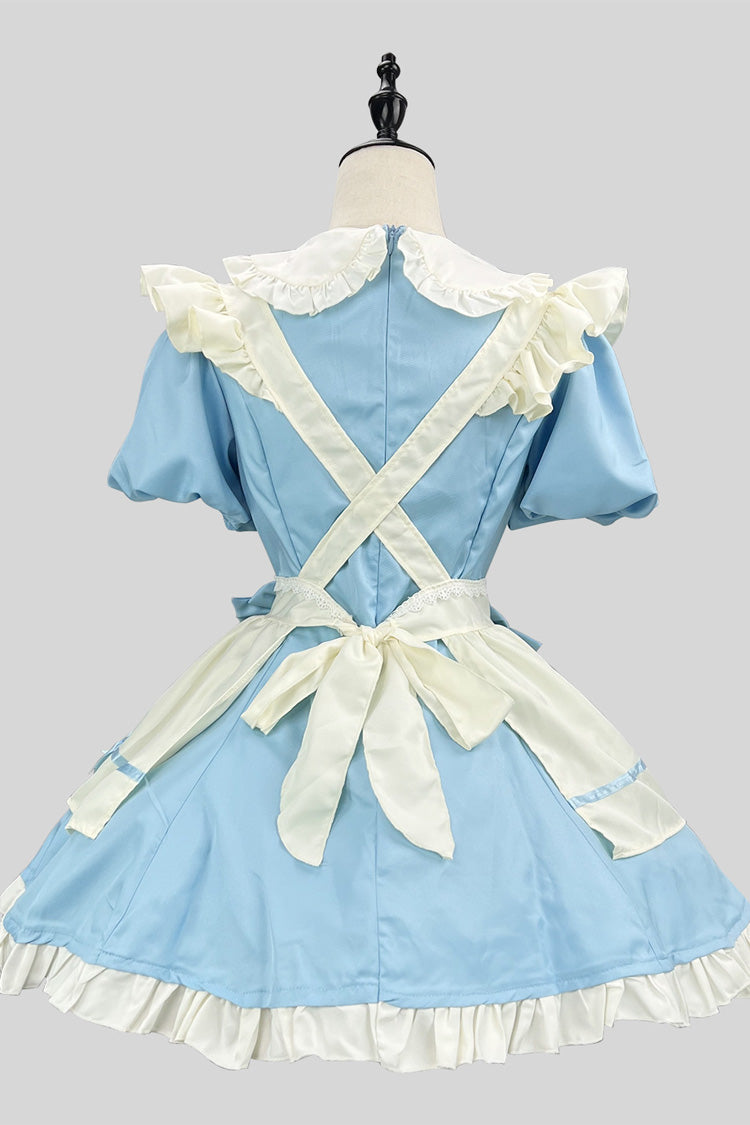 Blue/White Short Sleeves Ruffle Bowknot Lace Plus Size Sweet Maid Short Lolita Dress - Product - 3