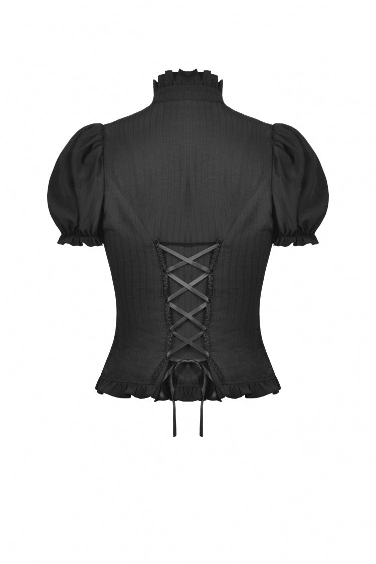 Black Ruffled Stand Collar Lace Jabot Short Puff Sleeves Front Button‑Up Lace-Up Women's Gothic Blouse - Product - 14