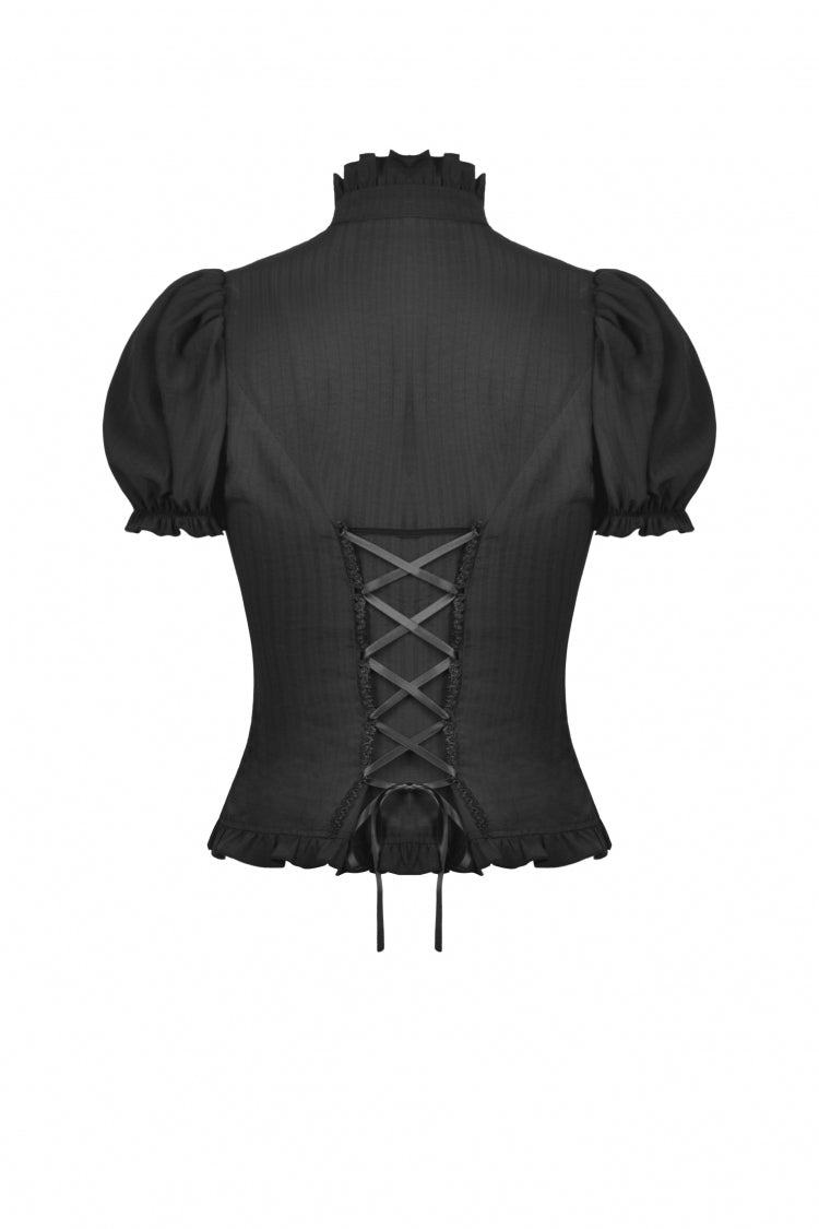 Black Ruffled Stand Collar Lace Jabot Short Puff Sleeves Front Button‑Up Lace-Up Women's Gothic Blouse - Product - 14