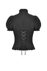 Black Ruffled Stand Collar Lace Jabot Short Puff Sleeves Front Button‑Up Lace-Up Women's Gothic Blouse - Product - 14