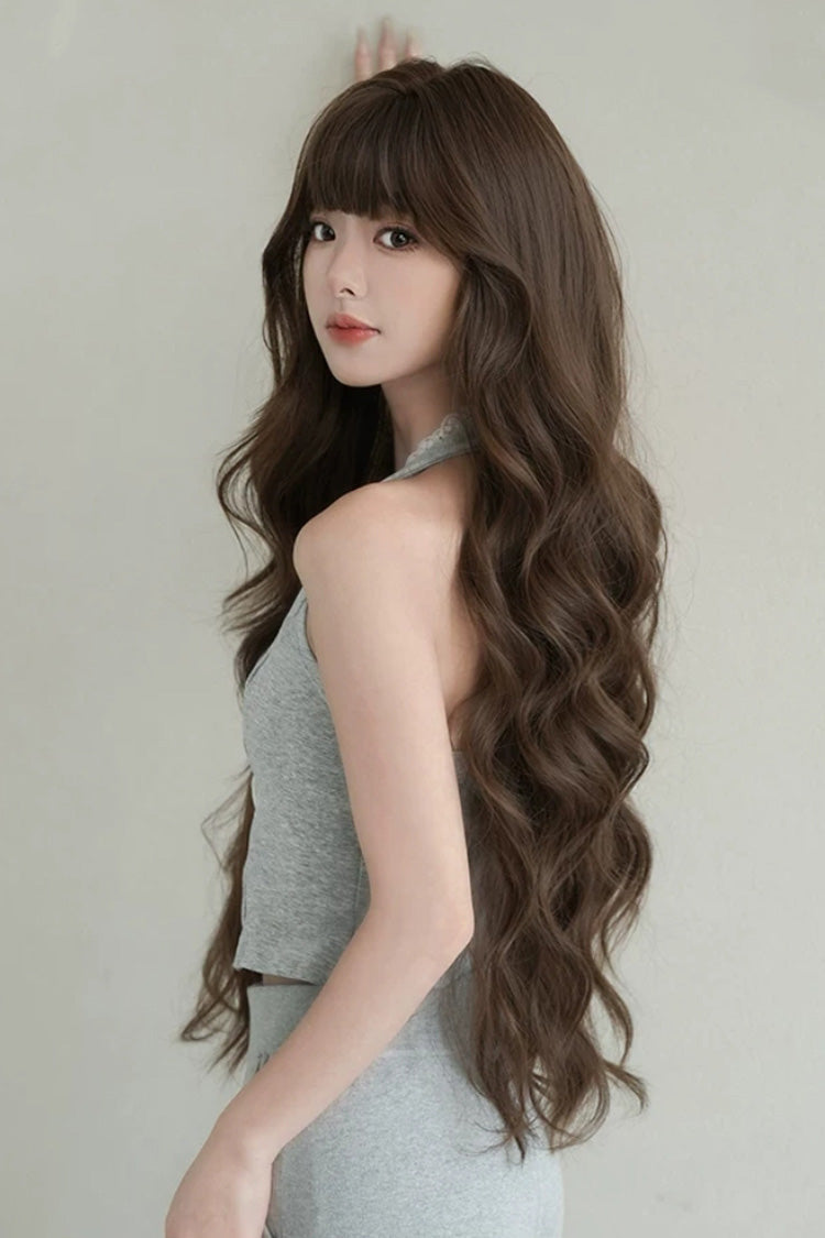 Morandi Tea Brown Fluffy Extra Long Loose Wave Sweet Lolita Wig with Full Bangs - Product - 7