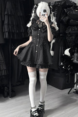 [Silver Candle Elegy”] Short Sleeves Printed Ruffled Cut-Out Bow Gothic Jirai Kei Top and Shorts Set 2 Colors - Product - 11