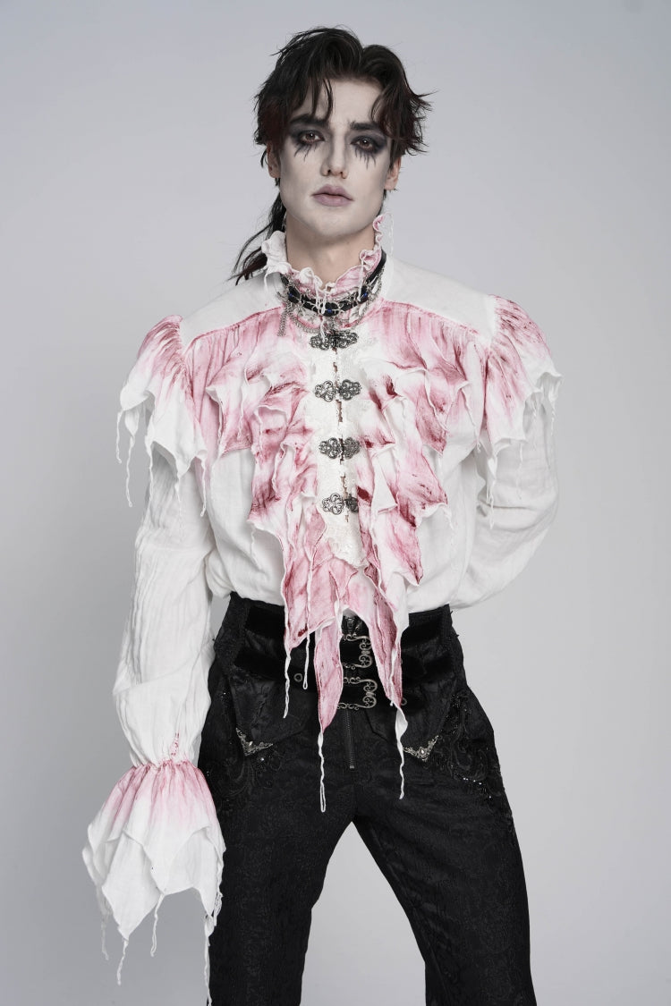 White High Collar Long Trumpet Sleeves Color-Blocked Pleated Men's Gothic Shirt - Product - 11