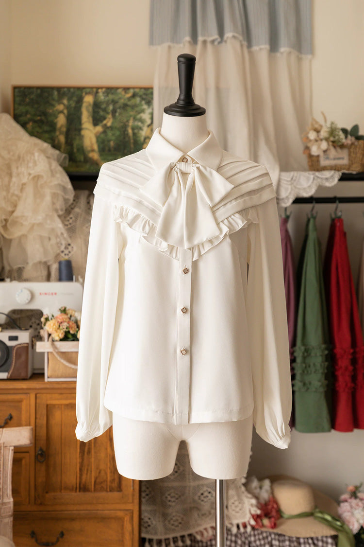 [Basket of the Forest] Lapel Collar Long Sleeves Ruffled Bow Classic Elegant Lolita Blouse 4 Colors - White - 1