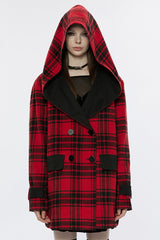 Black/Red Plaid Print Hooded Women's Punk College Style Coat - Black/Red - 1