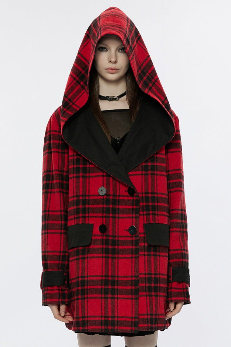 Black/Red Plaid Print Hooded Women's Punk College Style Coat - Black/Red - 1