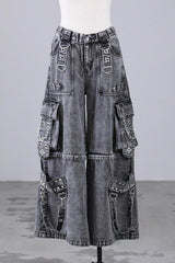 Jirai Kei Rivet Punk Japanese Straight-Leg Jeans Pants 2 Colors - Grey - 1