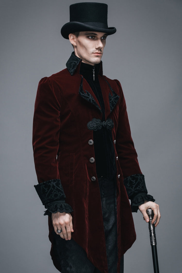Wine Formal Party Turn Down Collar Long Sleeves Mens Gothic Swallowtail Coat - Product - 3
