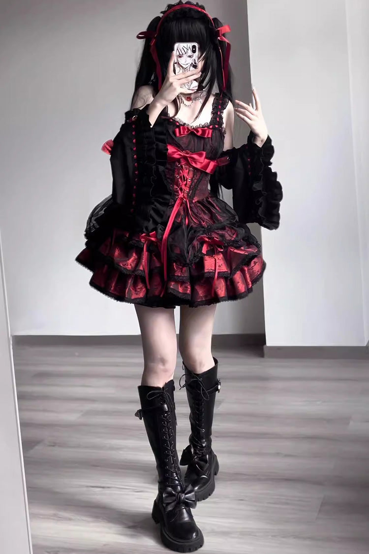 Black/Red Sleeveless Multi-layer Ruffle Bowknot Lace-Up Gothic Princess Lolita Jsk Dress - Product - 4