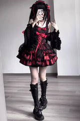 Black/Red Sleeveless Multi-layer Ruffle Bowknot Lace-Up Gothic Princess Lolita Jsk Dress - Product - 4