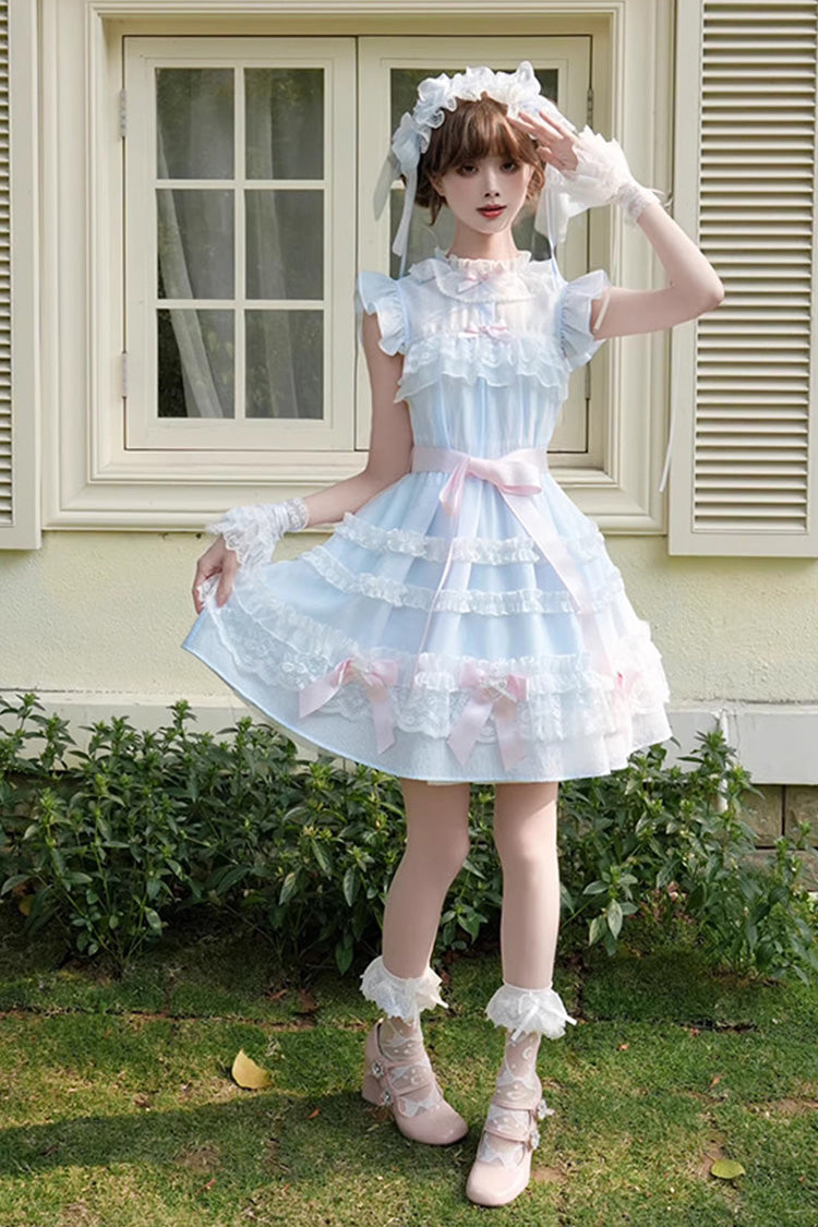 Blue [Frosted Cake] Stand Collar Sleeveless Ruffled Bow Lace Sweet Japanese Princess Lolita Tiered Dress - Product - 7