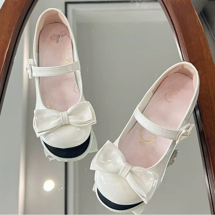 Round-Toe Bowknot Sweet Lolita Velcro Buckle Mary Jane Shoes 2 Heel Heights - White(3cm) - 5