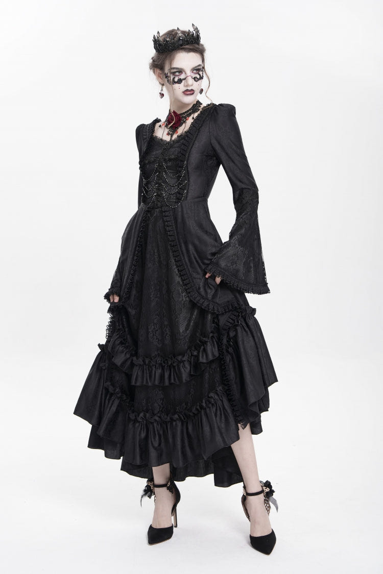 Black Long Sleeves Floral Embroidery Lace-Up Pleated Women's Gothic Dress - Product - 12