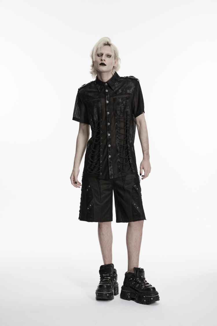 Black Lapel Collar Short Sleeves Spliced Lace-Up Sheer Mesh Eyelet Men's Punk Handsome Shirt - Product - 5