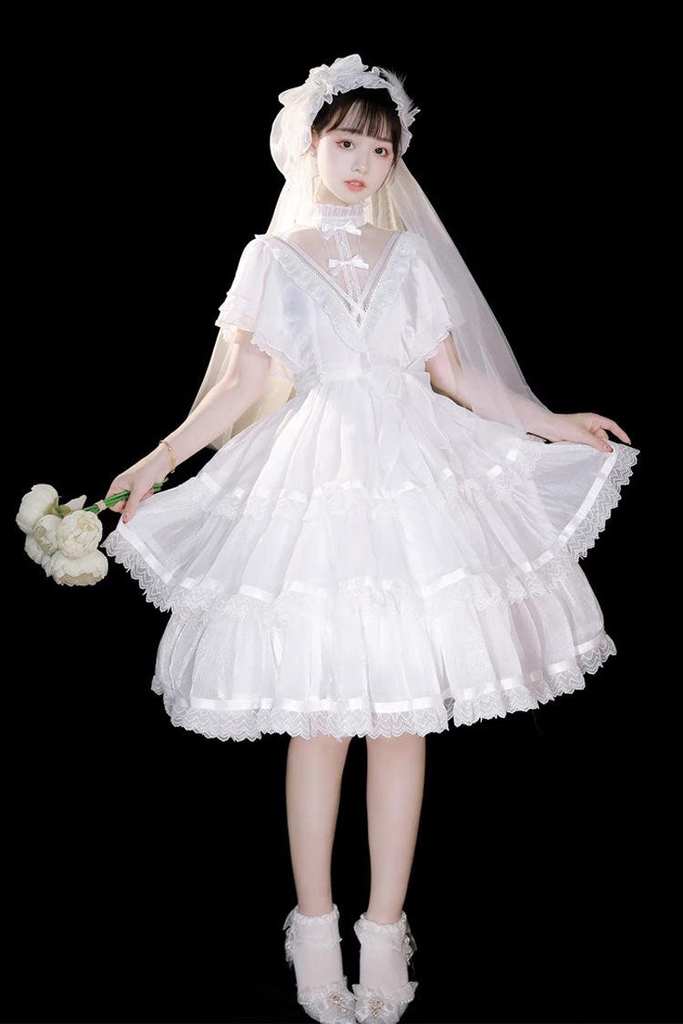 White Castle Night High Waisted Ruffled Hanayome Gothic Lolita Tiered Dress - Product - 3