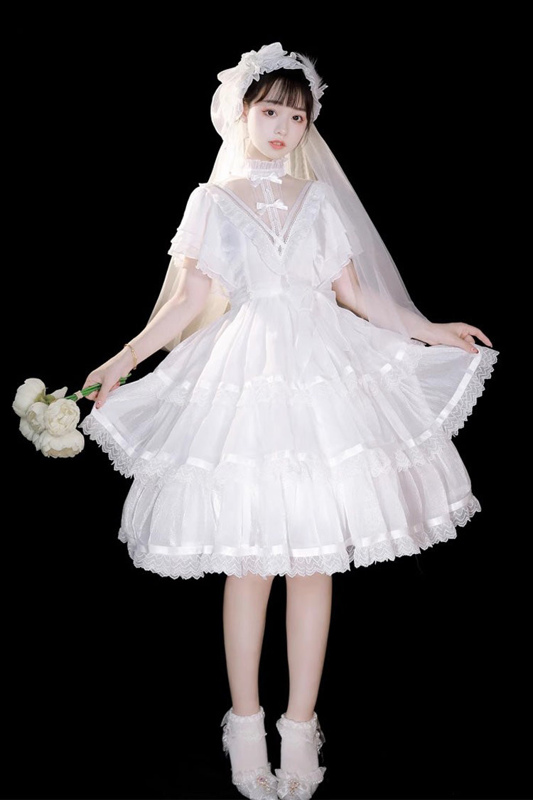 White Castle Night High Waisted Ruffled Hanayome Gothic Lolita Tiered Dress - Product - 3