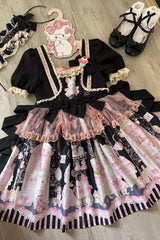 Rabbit Bear Wardrobe Print Ruffle Bowknot Sweet Lolita Dress 3 Colors - Black/Pink - 12