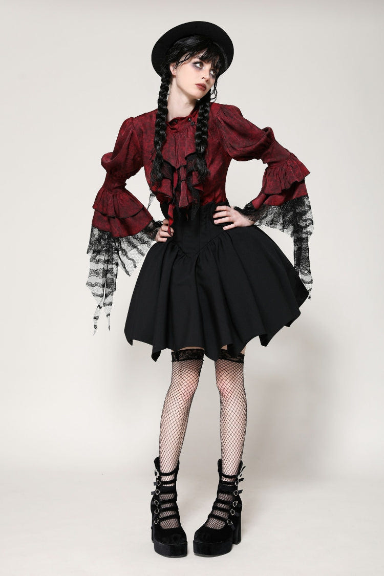Red Multi-Layered Frilly Lace Long Hime Sleeves Lace-Up Women's Gothic Blouse - Product - 8