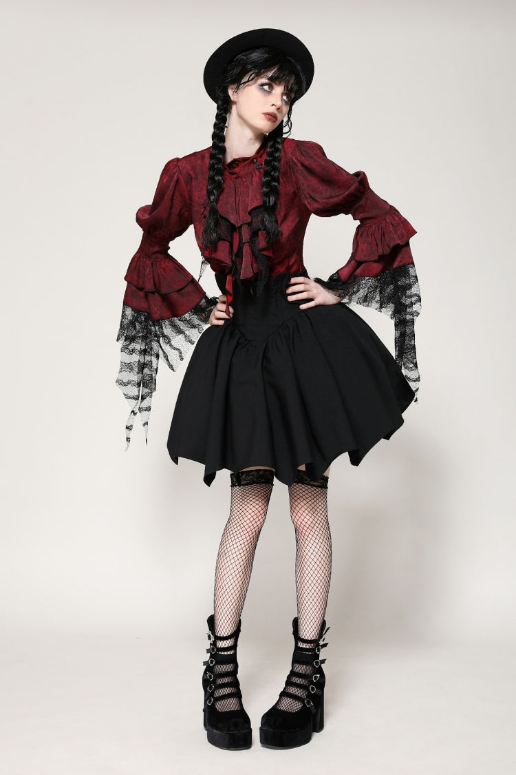 Red Multi-Layered Frilly Lace Long Hime Sleeves Lace-Up Women's Gothic Blouse - Product - 8