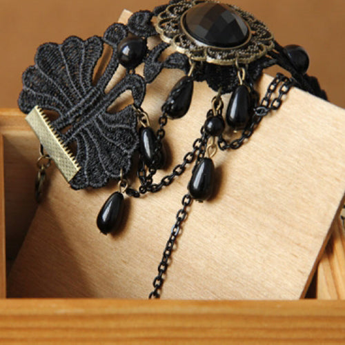 Black Retro Fashion Female Lace Gothic Lolita Ring Bracelet - Product - 4