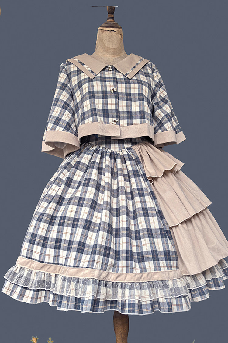 Grey/Blue [Morning Tune] Sleeveless High Waisted Print Ruffle Asymmetric Sweet Lolita Strap Dress - Product - 9