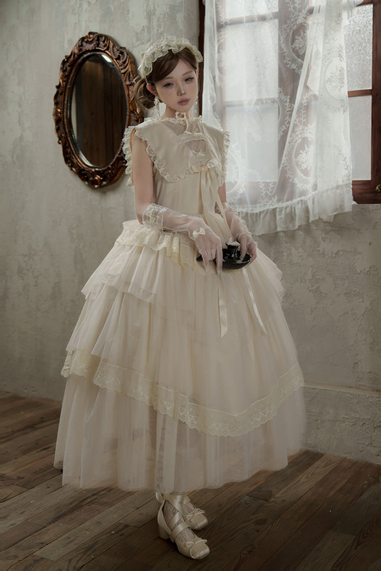 White [Dream by the Pillow] Triple-Layered Ruffled Bow Lace Sweet Elegant Lolita Dress - Product - 2