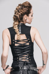 Black Front Zip Sleeveless Back Cut-Out Belted Round Collar Women's Punk Tank Top - Product - 9
