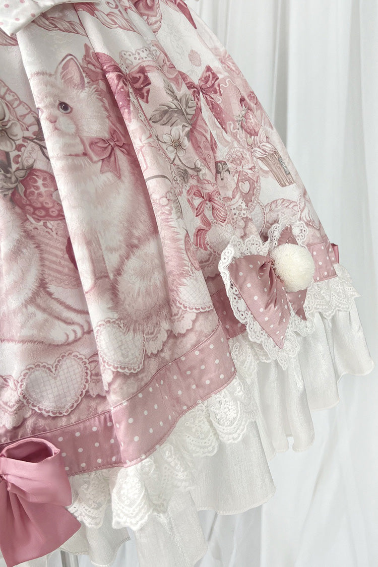 Pink [Sweet Dessert Cat] Print Ruffle Bowknot Lace Sweet Princess Lolita Dress Set - Product - 13