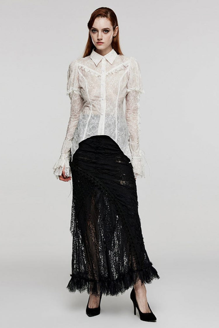 Women's Lapel Collar Long Sleeves Print Stitching Lace Gothic Blouse 2 Colors - Product - 13