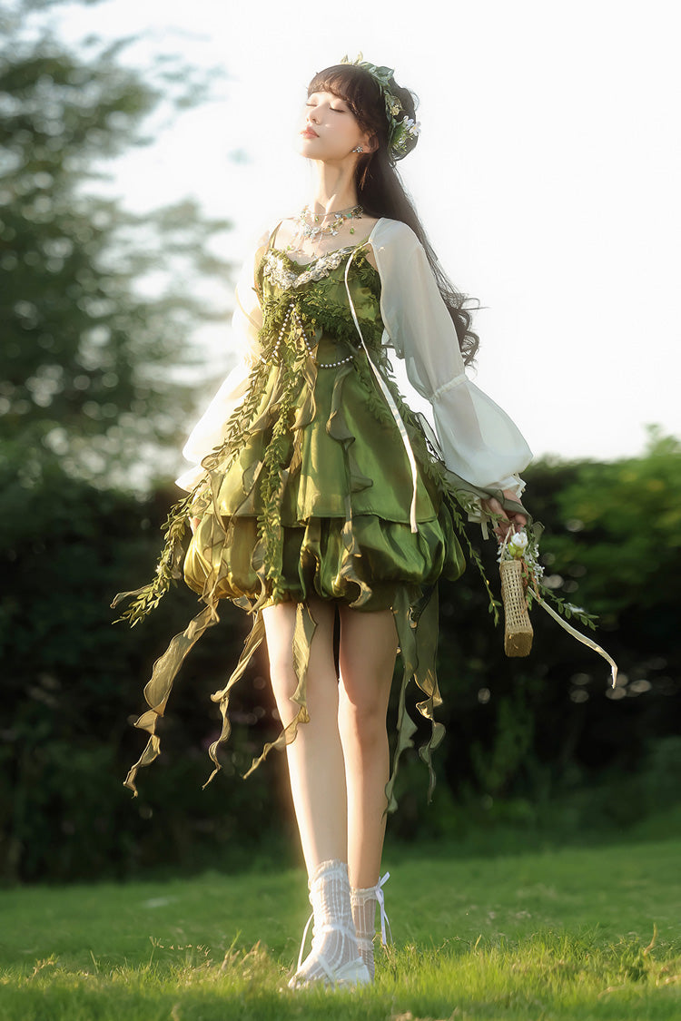 Green [Children of the Forest] Leaf Decoration Ruffle Irregular Sweet Lolita Jsk Dress Set - Product - 9