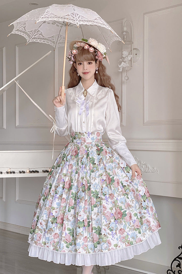 White [Afternoon Tea] Floral Printed Ruffled Sweet Lolita Skirt - White(Skirt) - 1