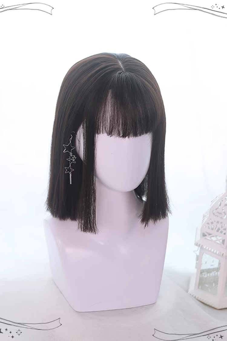 Natural Medium Short Straight Hair Gothic Lolita Wigs - Black - 2