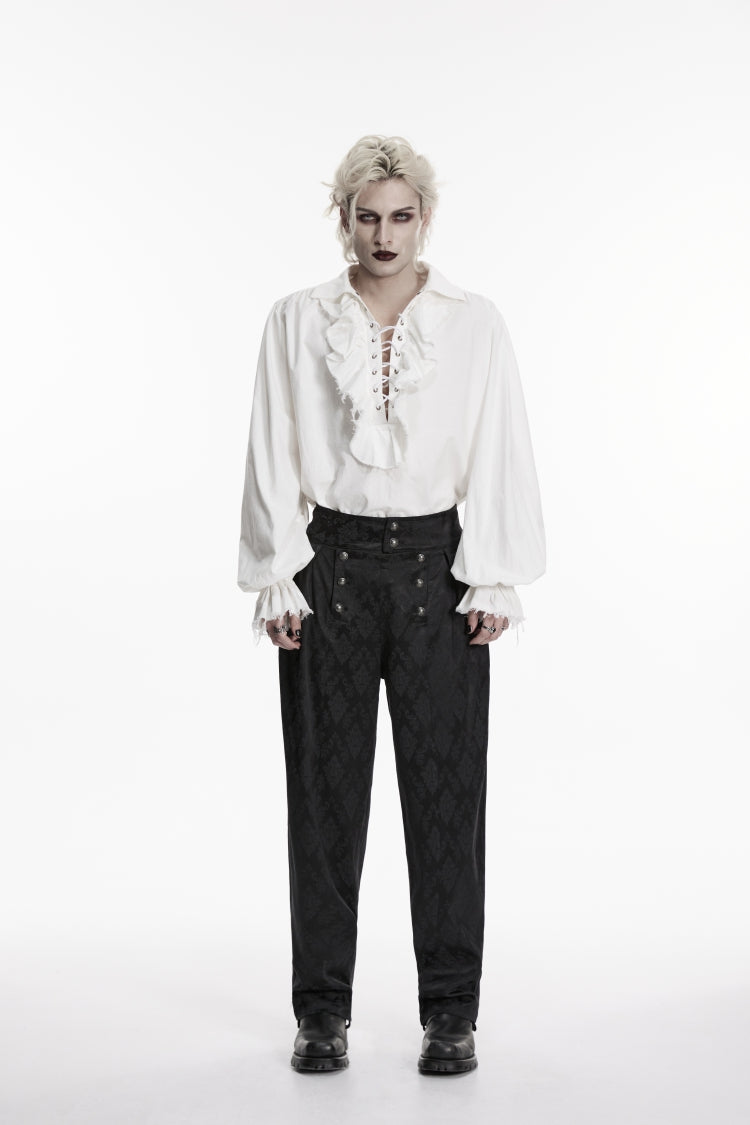 White Lapel Collar Long Lantern Sleeves Ruffled Lace-Up Women's Men's Gothic Luxurious Balletcore Shirt - Product - 2