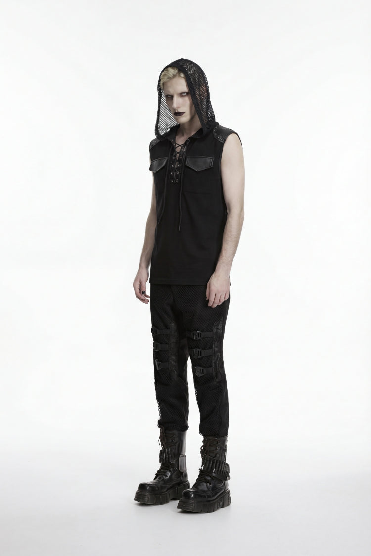 Black Spliced Lace-Up Hooded Studded Men's Punk Cool Vest - Product - 3