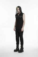 Black Spliced Lace-Up Hooded Studded Men's Punk Cool Vest - Product - 3