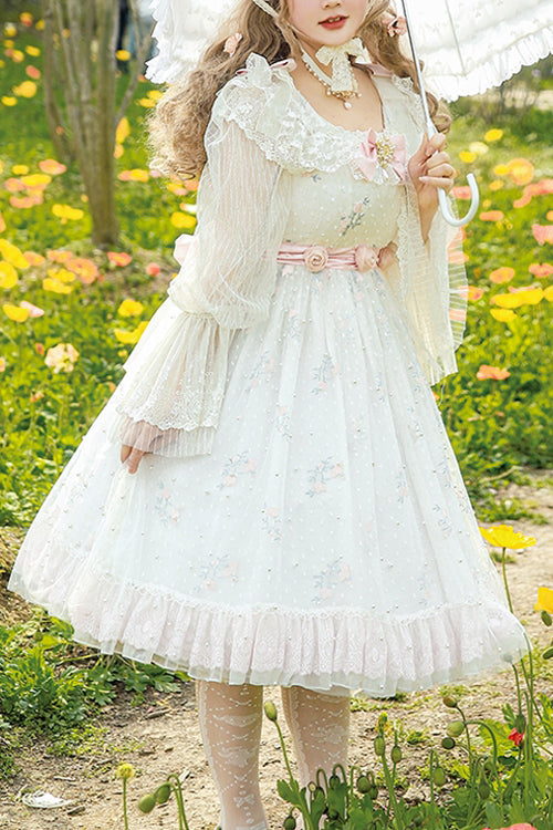 White Pearl Lace Lily Of The Valley Floral Embroidery Plus Size Sweet Lolita JSK Dress - White - 1