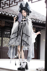Black/White [Magpie Feather] High Waisted Printed Women's Classic Chinese Style Hanfu Dress Set - Black/White - 1