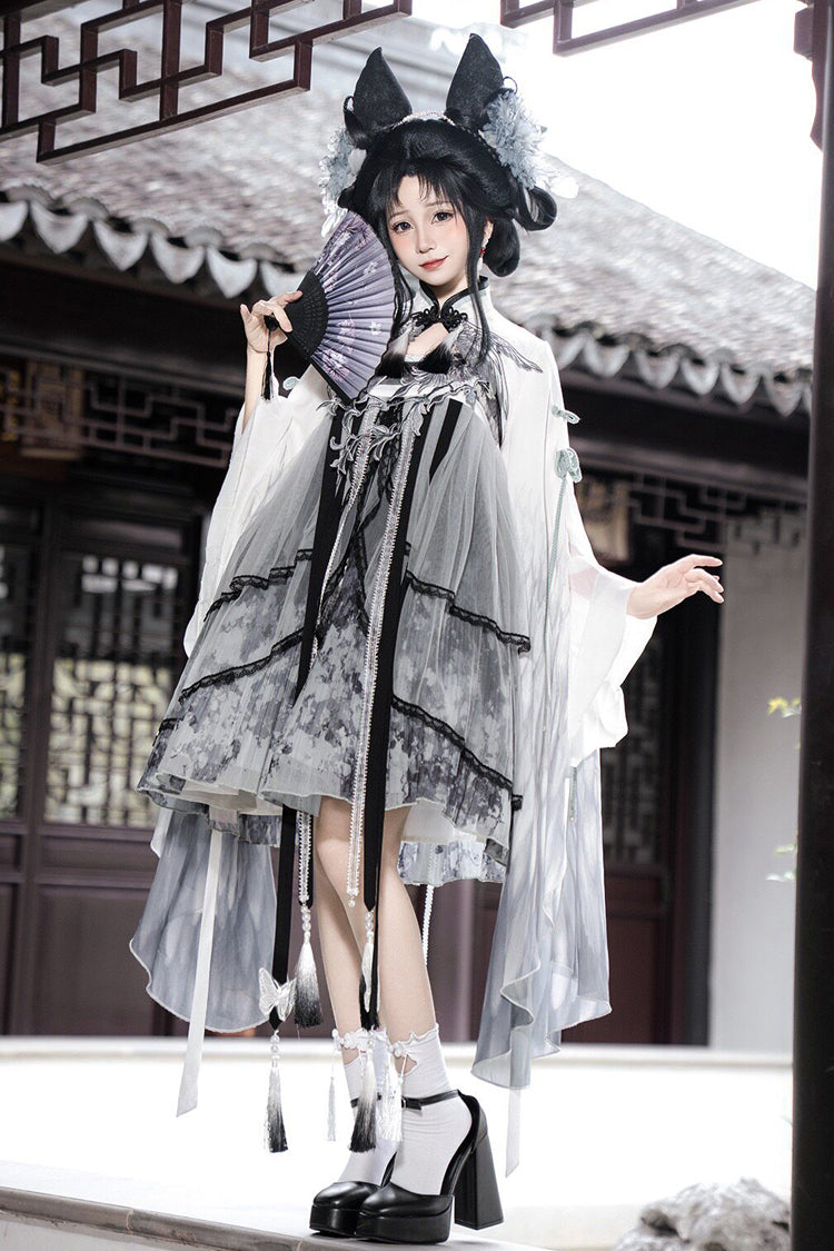 Black/White [Magpie Feather] High Waisted Printed Women's Classic Chinese Style Hanfu Dress Set - Black/White - 1