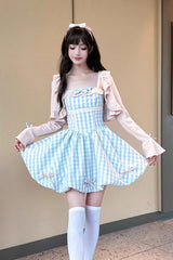 Blue [Sea Salt Strawberries] Sleeveless Plaid Print Bowknot Sweet Lolita Jsk Short Dress - Product - 4