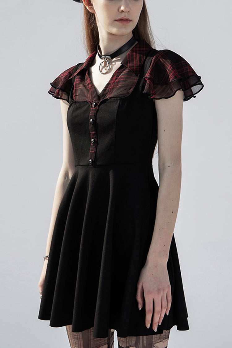 Black/Red V-Neck Ruffled Short-Sleeved Check Chiffon Waisted Skull Stud Women's Punk Dress - Black/Red - 1