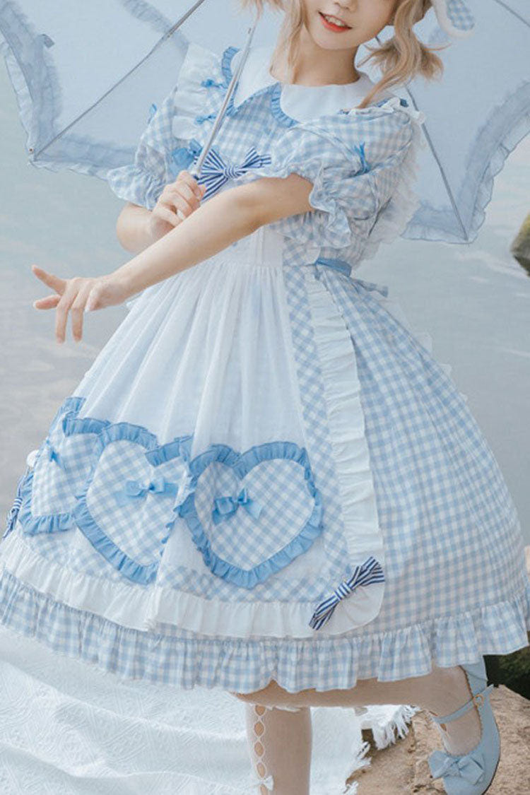 Light Blue Love Plaid Print Bowknot Short Sleeves Princess Sweet Lolita OP Dress (Apron is included) - blue - 1